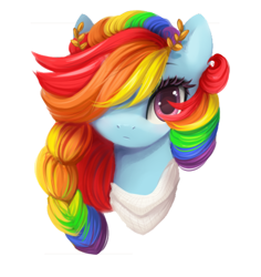 Size: 451x477 | Tagged: dead source, safe, artist:dammmnation, edit, rainbow dash, pony, g4, alternate hairstyle, braid, bust, clothes, cropped, female, hair over one eye, laurel wreath, looking at you, mare, multicolored hair, rainbow hair, scarf, solo