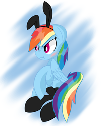 Size: 1500x1766 | Tagged: safe, artist:notadeliciouspotato, rainbow dash, pegasus, pony, g4, blushing, bunny ears, clothes, female, looking away, mare, scrunchy face, solo, spread wings, stockings, thigh highs, wings