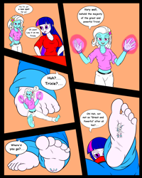 Size: 1280x1602 | Tagged: safe, artist:kyudude, edit, trixie, twilight sparkle, equestria girls, g4, comic, dialogue, feet, female, fetish, foot fetish, macro, micro, size difference, speech bubble