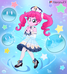 Size: 1824x2019 | Tagged: safe, artist:tabrony23, pinkie pie, equestria girls, g4, alternate hairstyle, barbara (genshin impact), beautiful, clothes, cosplay, costume, cute, diapinkes, dress, female, genshin impact, looking at you, magic, patreon, patreon logo, shoes, show accurate, slime, slimes (genshin impact), smiling, solo, water