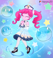 Size: 1824x2019 | Tagged: safe, alternate version, artist:tabrony23, pinkie pie, equestria girls, g4, barbara (genshin impact), clothes, cosplay, costume, cute, diapinkes, dress, eyes closed, female, genshin impact, magic, patreon, patreon logo, shoes, show accurate, slime, slimes (genshin impact), smiling, solo, water