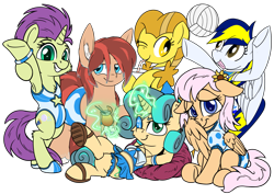 Size: 3273x2311 | Tagged: safe, artist:litrojia, artist:notadeliciouspotato, artist:pirill, derpibooru exclusive, oc, oc only, oc:canned peaches, oc:cottonwood kindle, oc:fidget, oc:golden star, oc:huracata, oc:sky spark, earth pony, pegasus, pony, unicorn, 2022 community collab, derpibooru community collaboration, armpits, bendy straw, bipedal, cheek fluff, chest fluff, clothes, cup, drink, drinking, drinking straw, ear fluff, earth pony oc, eyepatch, female, flower, flower in hair, glass, group, high res, horn, looking at you, lying down, magic, male, mare, on back, one eye closed, one-piece swimsuit, pegasus oc, sandals, simple background, sitting, skirt, smiling, smiling at you, sports, stallion, swimming trunks, swimsuit, telekinesis, tongue out, transparent background, unicorn oc, volleyball, wet, wet mane, wink