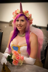 Size: 3162x4743 | Tagged: safe, artist:unkcos19, princess cadance, human, g4, anime expo, anime expo 2012, breasts, cleavage, clothes, cosplay, costume, dress, flower, gloves, irl, irl human, long gloves, photo, wedding dress