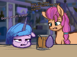 Size: 2732x2048 | Tagged: safe, artist:phutashi, izzy moonbow, sunny starscout, earth pony, pony, unicorn, g5, my little pony: a new generation, dialogue, drunk, duo, high res, meme, too real