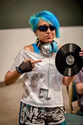 Size: 3162x4743 | Tagged: safe, dj pon-3, vinyl scratch, human, g4, anime expo, anime expo 2012, clothes, cosplay, costume, headphones, irl, irl human, photo, record, sunglasses