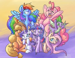 Size: 3300x2550 | Tagged: safe, artist:leadhooves, applejack, fluttershy, pinkie pie, rainbow dash, rarity, spike, twilight sparkle, alicorn, dragon, earth pony, pegasus, pony, unicorn, g4, armpits, colored pupils, cute, end of ponies, eyes closed, female, high res, hug, male, mane seven, mane six, mare, one eye closed, open mouth, septet, smiling, twilight sparkle (alicorn), winged spike, wings