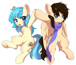 Size: 1500x1283 | Tagged: safe, artist:blue_enchantress, oc, oc:mhhao, oc:seablue storm, earth pony, pegasus, pony, 2022 community collab, derpibooru community collaboration, belly button, duo, female, male, simple background, smiling, transparent background