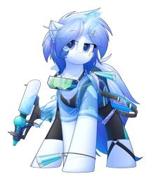 Size: 1943x2160 | Tagged: safe, artist:movieskywalker, derpibooru exclusive, oc, oc only, oc:venir winter, pony, unicorn, 2022 community collab, derpibooru community collaboration, blue eyes, bracelet, clothes, female, glowing, glowing horn, goggles, hoofless socks, horn, jewelry, leggings, light skin, looking at you, magic, pants, ponytail, shorts, simple background, smiling, socks, solo, tight clothing, transparent background, underwear, unicorn oc, waistband, watergun