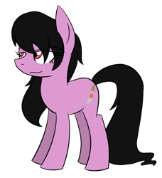 Size: 2100x2300 | Tagged: safe, artist:anedgycreator, oc, oc only, oc:fraulina, earth pony, pony, 2022 community collab, derpibooru community collaboration, basic shading, black mane, earth pony oc, eye clipping through hair, eyebrows, eyebrows visible through hair, eyeshadow, female, full body, high res, hooves, knife, lidded eyes, long tail, makeup, mare, purple coat, raised eyebrow, red eyes, simple background, smiling, smirk, solo, standing, tail, transparent background