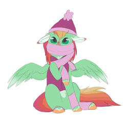 Size: 1024x978 | Tagged: safe, artist:fluffy-fillies, oc, oc only, oc:summer harvest, pegasus, pony, clothes, female, filly, floppy ears, foal, hat, leg warmers, offspring, parent:big macintosh, parent:fluttershy, parents:fluttermac, pegasus oc, scarf, simple background, sketch, solo, vest, white background, wip