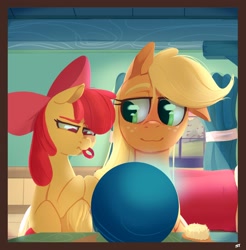 Size: 2100x2130 | Tagged: safe, alternate version, artist:storyteller, apple bloom, applejack, earth pony, pony, g4, apple sisters, bedroom, bow, brush, crystal ball, cute, female, filly, foal, hair bow, high res, mare, open mouth, pondering, pondering my orb, siblings, sisters