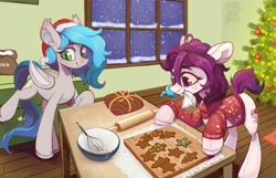 Size: 4019x2588 | Tagged: safe, artist:laymy, oc, oc only, oc:pearly lime, bat pony, earth pony, pony, baking, bowl, christmas, christmas tree, cookie, egg beater, flour, food, hat, holiday, mouth hold, present, rolling pin, santa hat, snow, snowfall, tree, window