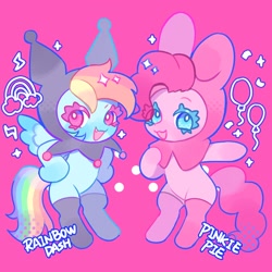 Size: 2048x2048 | Tagged: safe, artist:puzi, pinkie pie, rainbow dash, earth pony, pegasus, pony, g4, bipedal, clothes, costume, crossover, duo, high res, hooves on hips, kuromi, my melody, sanrio, simple background, socks