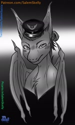 Size: 1228x2048 | Tagged: safe, artist:salemsalami, oc, oc only, oc:devin, bat pony, pony, angry, bat pony oc, black and white, black background, bust, chest fluff, cute, cute little fangs, emblem, fangs, frown, general, gray, grayscale, hat, looking at you, lunar republic, male, military, military pony, monochrome, new lunar republic, portrait, simple background, solo, stallion, text