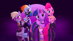 Size: 3840x2160 | Tagged: safe, artist:owlpirate, derpy hooves, pinkie pie, rainbow dash, twilight sparkle, alicorn, earth pony, pegasus, pony, g4, 3d, 4k, bandana, bipedal, choker, clothes, crossed hooves, female, high res, k/da, looking at you, mare, pants, socks, source filmmaker, stockings, sunglasses, thigh highs, twilight sparkle (alicorn)
