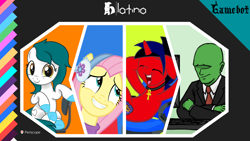Size: 1202x677 | Tagged: safe, artist:tcgamebot, edit, fluttershy, oc, oc:anon, oc:eclipse shine, oc:heart, earth pony, human, pegasus, pony, unicorn, g4, chair, clothes, earmuffs, female, logo, looking at you, male, ponylatino, show accurate, sitting, smiling, underhoof