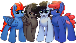 Size: 2880x1620 | Tagged: safe, artist:luther, oc, oc only, oc:erasable, oc:gear crunch, oc:jjknott, oc:luther, earth pony, pegasus, pony, 2022 community collab, derpibooru community collaboration, chest fluff, earth pony oc, folded wings, glasses, high res, hooves, male, pegasus oc, simple background, smiling, stallion, standing, transparent background, two toned mane, wings