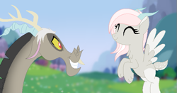 Size: 651x342 | Tagged: safe, artist:sugarcubecreationz, discord, oc, oc:iris, draconequus, pegasus, pony, g4, twilight's kingdom, base used, duo, eyes closed, father and child, father and daughter, female, flying, grin, male, mare, parent:discord, parents:canon x oc, pegasus oc, smiling, spread wings, wings