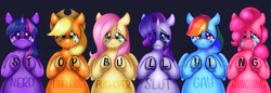Size: 1931x666 | Tagged: safe, artist:imonly5feet, applejack, fluttershy, pinkie pie, rainbow dash, rarity, twilight sparkle, alicorn, earth pony, pegasus, pony, unicorn, g4, applejack's hat, bully, bullying, chubby, cowboy hat, crying, fat, hat, looking at you, makeup, mane six, running makeup, sad, simple background, stop bullying, teary eyes, twilight sparkle (alicorn), underhoof