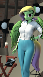 Size: 2160x3840 | Tagged: safe, artist:dangerousdpad, oc, oc only, oc:green screen, changeling, pegasus, anthro, 3d, clothes, high res, pants, shirt, solo, source filmmaker, standing, studio, wings