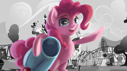 Size: 2666x1500 | Tagged: safe, artist:musical ray, pinkie pie, earth pony, pony, g4, bipedal, chicago, grand theft auto, gta iv, musical, solo