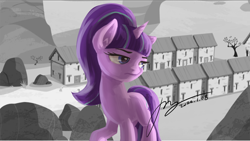 Size: 2666x1500 | Tagged: safe, artist:musical ray, starlight glimmer, pony, unicorn, g4, chicago, grand theft auto, gta iv, musical, our town, partial color, s5 starlight, solo, starlight's village