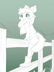 Size: 1800x2400 | Tagged: safe, artist:symbianl, apple bloom, human, equestria girls, g4, adorabloom, boots, clothes, cute, eared humanization, female, fence, filly, gradient background, humanized, limited palette, monochrome, open mouth, open smile, shoes, shorts, smiling, solo, tail, tailed humanization