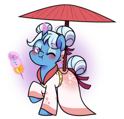 Size: 1117x1078 | Tagged: safe, artist:paperbagpony, trixie, pony, unicorn, g4, alternate hairstyle, blushing, clothes, cute, dango, diatrixes, food, kimono (clothing), lidded eyes, looking at you, magic, magic aura, one eye closed, parasol (umbrella), solo, telekinesis, umbrella, wink