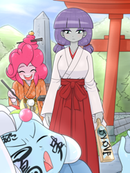 Size: 1668x2224 | Tagged: safe, artist:batipin, maud pie, pinkie pie, trixie, equestria girls, g4, alternate hairstyle, angry, brush, chopsticks in hair, clothes, face doodle, female, hanetsuki, kimono (clothing), miko, multiple variants, paddle, torii, trio, yukata