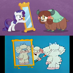 Size: 1280x1280 | Tagged: safe, edit, screencap, rarity, yona, pony, sheep, unicorn, yak, g4, my little pony: friendship is magic, she's all yak, bipedal, bo sheep, brother and sister, female, fit right in, garfield and friends, lanolin sheep, male, mare, mirror, photo, reflection, siblings, twins, us acres