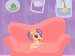 Size: 726x545 | Tagged: safe, screencap, scootaloo (g3), earth pony, pony, g3, g3.5, newborn cuties, once upon a my little pony time, so many different ways to play, baby, baby pony, baby scootaloo (g3), beach, bow, couch, cute, diaper, excited, female, filly, foal, g3 cutealoo, hair bow, house, indoors, jumping, mountain, newborn, open mouth, open smile, palm tree, picture, picture frame, smiling, tree, younger