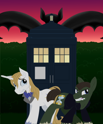 Size: 3000x3600 | Tagged: safe, artist:sixes&sevens, prince blueblood, earth pony, gargoyle, pony, unicorn, fanfic:black and blue and bloodied, g4, bowtie, doctor who, fanfic, fanfic art, fanfic cover, hedge, high res, ninth doctor, peacoat, ponified, sonic screwdriver, spread wings, tardis, the doctor, wings