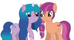 Size: 9000x4874 | Tagged: safe, artist:laszlvfx, izzy moonbow, sunny starscout, earth pony, pony, unicorn, g4, g5, my little pony: a new generation, absurd resolution, base used, duo, duo female, eye contact, female, g5 to g4, generation leap, grin, horn, looking at each other, looking at someone, mare, show accurate, simple background, smiling, tail, transparent background, unshorn fetlocks