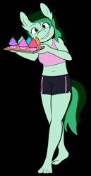 Size: 775x1500 | Tagged: source needed, useless source url, safe, artist:carouselboi, oc, oc only, oc:eden shallowleaf, anthro, plantigrade anthro, barefoot, belly button, black background, clothes, cupcake, excited, feet, food, midriff, plate, shorts, simple background, solo, tank top, toes