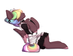 Size: 1300x1000 | Tagged: safe, artist:avroras_world, oc, oc only, oc:walter evans, pegasus, pony, chest fluff, clothes, colored wings, crossdressing, hair over eyes, maid, male, meme, multicolored hair, multicolored mane, multicolored tail, multicolored wings, open mouth, pegasus oc, simple background, sitting, solo, stallion, tail, white background, wings
