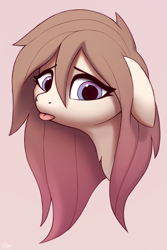 Size: 600x900 | Tagged: safe, artist:luminousdazzle, oc, oc only, oc:linnea, earth pony, pony, :p, bust, chest fluff, frown, gradient eyes, gradient mane, long hair, looking down, portrait, sad, tongue out