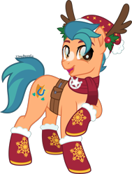 Size: 3029x4000 | Tagged: safe, artist:limedazzle, part of a set, hitch trailblazer, earth pony, pony, g4, g5, my little pony: a new generation, christmas, clothes, cute, g5 to g4, hitchbetes, holiday, male, open mouth, raised hoof, scarf, simple background, solo, stallion, transparent background