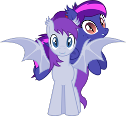 Size: 4372x4000 | Tagged: safe, artist:parclytaxel, oc, oc only, oc:evening's dawn, oc:nebulous (bat), bat pony, pony, 2022 community collab, derpibooru community collaboration, .svg available, absurd resolution, bat pony oc, bat wings, commission, cute, cute little fangs, duo, ear fluff, ear tufts, fangs, female, freckles, hooves, looking at you, male, mare, ponies riding ponies, riding, show accurate, simple background, slit pupils, smiling, spread wings, stallion, standing, transparent background, vector, wings