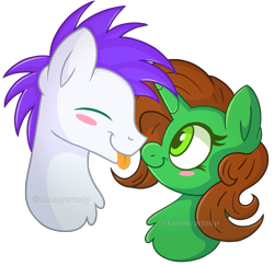 Size: 1871x1817 | Tagged: safe, artist:kimmyartmlp, oc, oc only, pony, duo, eyes closed, female, male, oc x oc, shipping, simple background, tongue out, transparent background