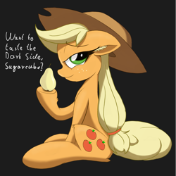 Size: 2483x2486 | Tagged: safe, artist:itchystomach, applejack, earth pony, pony, g4, cel shading, dishonorapple, food, high res, pear, shading, solo, sugarcube, text