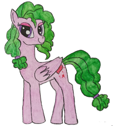 Size: 2605x2881 | Tagged: safe, artist:aking, oc, oc only, oc:mint breeze, pegasus, pony, 2022 community collab, derpibooru community collaboration, female, folded wings, full body, green mane, green tail, hair tie, high res, hooves, lidded eyes, mare, pegasus oc, purple eyes, simple background, smiling, solo, standing, tail, traditional art, transparent background, wings