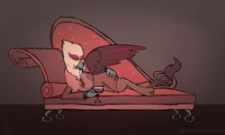 Size: 3047x1823 | Tagged: safe, artist:somber, oc, oc only, oc:remelle redwing, griffon, alcohol, clothes, couch, crotchboobs, female, glass, griffon oc, lying down, nipples, nudity, reclining, robe, see-through, solo, teats, wine, wine glass