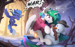 Size: 2430x1540 | Tagged: safe, artist:yakovlev-vad, princess celestia, princess luna, alicorn, pony, g4, clothes, dialogue, duo, duo female, female, forest, gritted teeth, horn, lacrimal caruncle, mare, revenge, s1 luna, scarf, slender, snow, snowball, snowball fight, snowman, spread wings, surprised, sweater, thin, this will end in a trip to the moon, this will end in daybreaker, this will not end well, wallpaper, wide eyes, wings