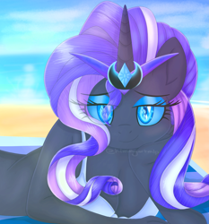 Size: 2535x2716 | Tagged: safe, artist:kimmyartmlp, nightmare rarity, anthro, g4, beach, bikini, breasts, cleavage, clothes, female, high res, lidded eyes, looking at you, lying down, nicemare rarity, ocean, prone, smiling, solo, swimsuit, water