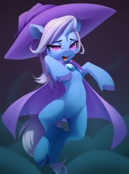 Size: 2600x3500 | Tagged: safe, artist:n_thing, artist:shenki, trixie, pony, unicorn, belly, belly button, bipedal, brooch, cape, clothes, collaboration, explicit source, eyebrows, eyelashes, female, floating, gem, hat, high res, horn, jewelry, lidded eyes, mare, multiple variants, open mouth, solo, teeth, tongue out, trixie's brooch, trixie's cape, trixie's hat, unshorn fetlocks