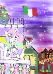 Size: 800x1117 | Tagged: safe, artist:gameboyred, princess celestia, alicorn, anthro, g4, alcohol, balcony, breasts, city, cleavage, clothes, emale, female, flag, happy new year, holiday, italy, solo, wine