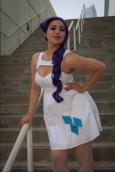 Size: 1019x1525 | Tagged: safe, artist:autumns-snow, artist:mooshuu, rarity, human, g4, anime expo, anime expo 2012, clothes, cosplay, costume, cutie mark on clothes, eyeshadow, hand on hip, irl, irl human, makeup, photo, stairs