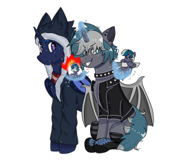 Size: 1280x1200 | Tagged: safe, artist:valkiria, oc, oc only, oc:elizabat stormfeather, oc:elizabrat meanfeather, oc:icey wicey, alicorn, bat pony, bat pony alicorn, pony, alicorn oc, bat pony oc, bat wings, boots, burning, choker, clone, clothes, concern, duo, ear piercing, earring, evil grin, female, fire, glasses, grin, hoodie, horn, jacket, jewelry, knife, leather jacket, levitation, lip piercing, magic, male, mare, piercing, plushie, ponysona, scared, scarf, shoes, simple background, sitting, smiling, socks, spiked choker, stabbing, stallion, striped socks, sweat, sweatdrop, telekinesis, transparent background, wings