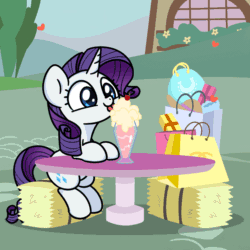 Size: 1000x1000 | Tagged: safe, alternate version, artist:sugar morning, rarity, pony, unicorn, g4, animated, bag, blinking, cargo ship, consumerism, cute, cuteness overload, eye shimmer, female, floating heart, food, gif, hay, hay bale, heart, horn, loop, mare, materialism, milkshake, mlem, outdoors, ponyville, rarara, raribetes, shipping, shopping bag, silly, sitting, solo, sugar morning is trying to murder us, table, tongue out