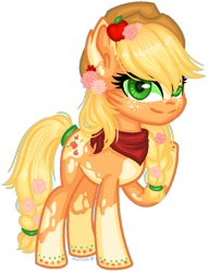 Size: 652x854 | Tagged: safe, artist:fantarianna, applejack, earth pony, pony, g4, ear fluff, eyelashes, female, flower, flower in hair, hat, raised hoof, simple background, smiling, transparent background